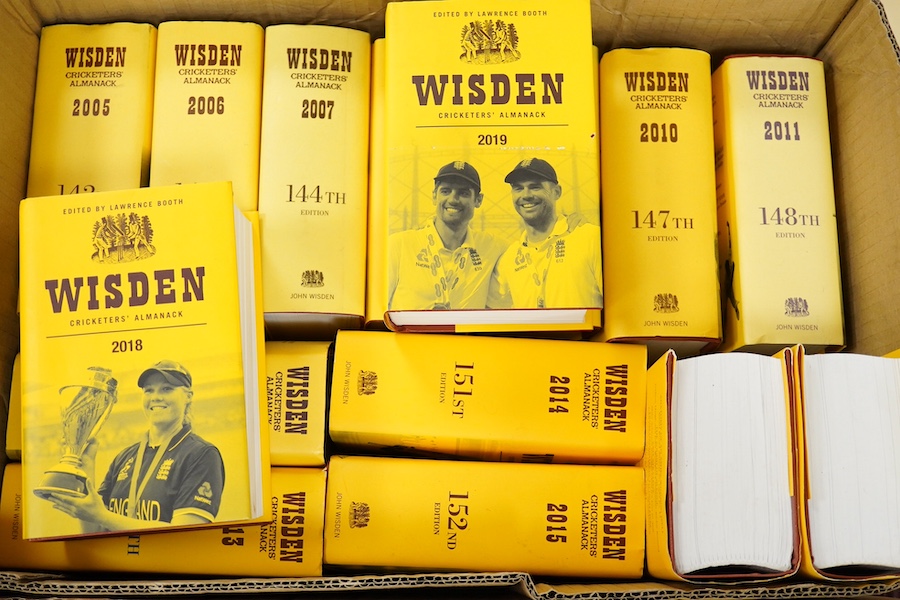 Wisden - Cricketers' Almanack: 1974-77, 1980-89, 1996-2019 (43 vols.), num. illus. and adverts.; original cloth and d/wrappers; Playfair Cricket Annual: 1950-57, 1959-61, 1964-67, 1970, 1972 and 1973, coloured pictorial